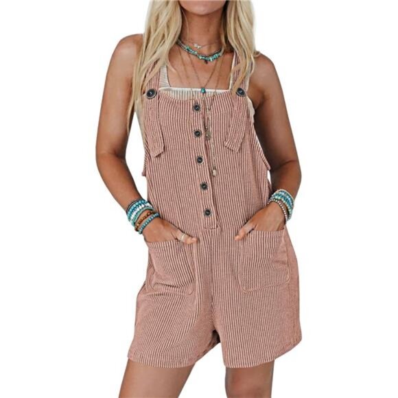 Pants - Women's Short Romper for Summer Casual Button Stripped Jumpsuit
